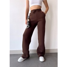 Kadın Kahverengi Içi Polarlı Kışlık Bağcıklı Yüksek Bel Bol Paça Eşofman Altı