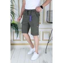 Erkek Haki Likralı Gabardin Şort Kargo Cepli Pamuklu Beli Lastikli Bağcıklı Basic Şort
