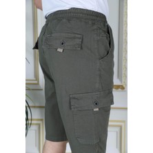 Erkek Haki Likralı Gabardin Şort Kargo Cepli Pamuklu Beli Lastikli Bağcıklı Basic Şort