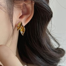 Zarif Modern Tarzlı Yaprak Şekilli Küpe, Retro Amber Tonlu Kadın Moda Takisi