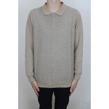 Santa Fistan Store Erkek Bej Desenli Klasik Kesim Rahat Kalıp Polo Yaka Tek Cepli Kışlık Selanik Kazak