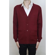 Santa Fistan Store Erkek Bordo Klasik Kesim Rahat Kalıp V-Yaka Düğme Kapamalı Cepli Kışlık Yünlü Hırka