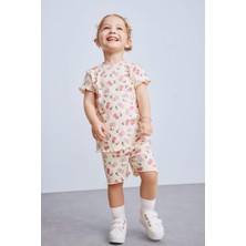 DeFacto 2'li Takım Desenli Fitilli Kaşkorse Kısa Kollu Tişört Şort Kız Bebek E0724A525SM