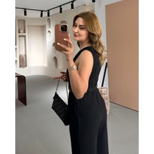 Premium Seri V Yaka Kemerli Siyah Krep Tulum