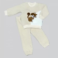 1-2-3 Yaş Masum Yavru Sincap Nakışlı Kuzu Kumaş Sweat Pantolon 2li Kız Erkek Bebek Takımı Bej