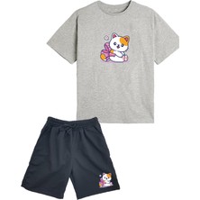 2'li Set Baskılı Kız Çocuk Pamuk Şort Tshirt Takım 5 6 7 8 9 10 11 12 13 14 Yaş Tişört Kedicik Kitty