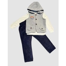 3-4-5 Yaş Fitilli Kadife Pantolon Kapitone Kapşonlu Yelek Uzun Kollu Sweat 3lü Erkek Çocuk Takımı Gri