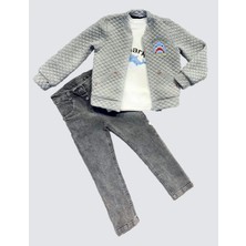 4-5-6 Yaş Kot Pantolonlu Pilot Mont Uzun Kollu Penye Sweat 3lü Erkek Çocuk Takımı Gri