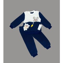 1-2-3 Yaş Sallanan Balık Nakışlı Kuzu Kumaş Sweat Pantolon Uzun Kollu Kız Erkek 2 Li Takımı Lacivert
