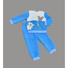 1-2-3 Yaş Sallanan Balık Nakışlı Kuzu Kumaş Sweat Pantolon Uzun Kollu Kız Erkek 2 Li Takımı Saks Mavisi