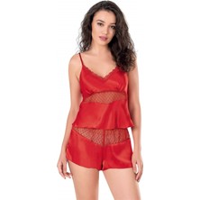 Kırmızı Saten Babydoll Şort Takımı
