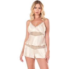 Fildişi Saten Babydoll Şort Takımı