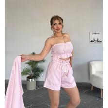 Kadın Yeni Sezon Jessica Kumaş Straplez Lastikli Şort Yüksek Bel Lastikli 3 Lü Takım