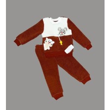 1-2-3 Yaş Sallanan Balık Nakışlı Kuzu Kumaş Sweat Pantolon Uzun Kollu Kız Erkek 2 Li Takımı Kahverengi