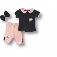 3-6 6-9 9-12 12-18 Ay Uzayın Kalbi Nakışlı Bandanalı Kısa Kollu Sweat 3lü Kız Bebek Takımı Siyah
