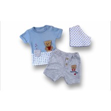 3-6 6-9 9-12 12-18 Ay Romantik Ayıcık Nakışlı Bandajlı Kısa Kollu Sweatli 3lü Kız-Erkek Bebek Takımı Mavi