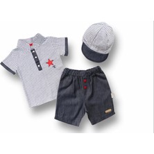 6-9 9-12 12-18 Ay Vip Yaka Şapkalı Kısa Kollu Sweat 3lü Erkek Bebek Takımı Gri