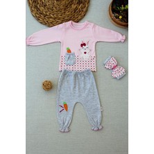 3-6 9-12 12-18 Ay Havuç Tavşan Nakışlı Bandanalı Cepli Uzun Kollu Sweatli 3lü Kız Bebek Tak Pembe