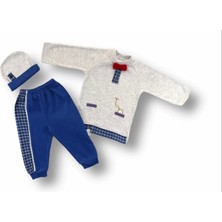 3-6 6-9 9-12 Ay Cep Saat Nakışlı Şapkalı Uzun Kollu Sweatli 3lü Erkek Bebek Takımı Mavi