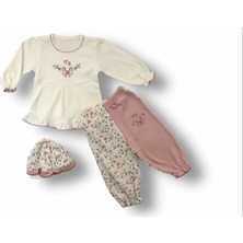 3-6 6-9 9-12 Ay Tb Çiçek Nakışlı Şapkalı Uzun Kollu Sweatli 3lü Kız Bebek Takımı Ekru