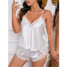 Büyük Beden Saten Dantelli Şortlu Pijama Takım