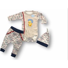 3-6 6-9 9-12 Ay Şemsiyeli Ördek Nakışlı Şapkalı Uzun Kollu Zıbınlı 3lü Kız-Erkek Bebek Takımı Mavi