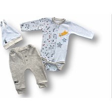 3-6 6-9 9-12 Ay Kuyruklu Yıldız Nakışlı Şapkalı Uzun Kollu Zıbınlı 3lü Kız-Erkek Bebek Takımı Mavi