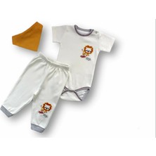 3-6 6-9 9-12 Ay Yavru Aslan Nakışlı Bandajlı Kısa Kollu Zıbınlı 3lü Erkek Bebek Takımı Ekru