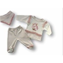 3-6 6-9 9-12 Ay Kraliçe Kuğu Nakışlı Bandajlı Uzun Kollu Sweatli 3lü Kız Bebek Takımı Ekru
