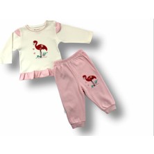 3-6 6-9 9-12 Ay Flamingo Nakışlı Uzun Kollu Sweatli 2li Kız Bebek Takımı Ekru