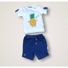 6-9 9-12 12-18 Ay Ananas Nakışlı Kısa Kollu Sweatli Şortlu 2li Kız-Erkek Bebek Takımı Mavi