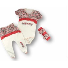 3-6 6-9 9-12 Ay Mimoza Baskılı Bandanalı Kısa Kollu Zıbınlı 3lü Kız Bebek Takımı Nar Çiçeği