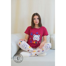 Bordo Ayıcık Desenli Kısa Kol Kadın Pijama Takımı