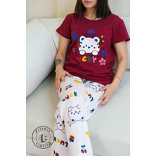 Bordo Ayıcık Desenli Kısa Kol Kadın Pijama Takımı