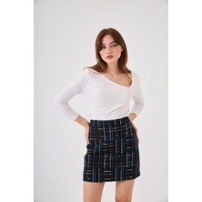 Lacivert Tüvit Ekose Mini Etek