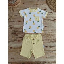 3-6 6-9 9-12 Ay Ananas Baskılı Şort Tişört 2 Li Kız Erkek Bebek Takımı Sarı
