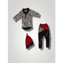 6-9 12-18 18-24 Ay Samanyolu Yıldızlar Baskılı Uzun Kollu Sweat Şapkalı 3lü Kız Erkek Bebek Takımı Lacivert