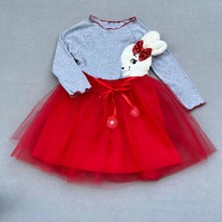 5-6-7 Yaş Pelüş Tavşan Desenli Kurdela Kuşaklı Astarlı Kız Çocuk Tütü Elbise Kırmızı