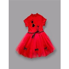 1-2-3 Yaş Uğur Böceği Nakışlı Kurdela Kuşak Kız Çocuk Elbisesi Kırmızı
