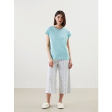 Dream Mavi Bisiklet Yaka Çiçek Desenli %100 Pamuk Kadın Kaprili Pijama Takımı