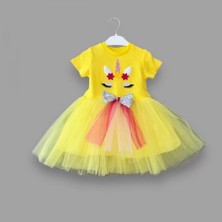 1-2-3 Yaş Gökkuşağı Kuyruklu Payet Pony Nakışlı Kız Bebek Tütü Elbisesi Sarı