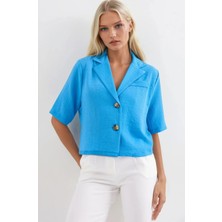 Kadın Yeni Mavi Kısa Kollu Şal Yaka Düğmeli Mevsimlik Keten Ayrobin Ceket HZL24S-BD107061