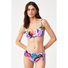 Kom Push Up Dolgulu Kaplı Telli Fıo Pembe Desenli Toparlayıcı Bikini Takımı