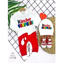 3-6-9-12 Ay Kinder Surprise Baskılı Çıtçıt Kapamalı Şapkalı 2li Kız Erkek Bebek Tulumu Ekru