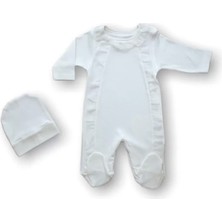 0-3 3-6 Ay Tüllü Fırfır Detaylı Şapkalı Uzun Kollu Kız Bebek Tulumu Ekru