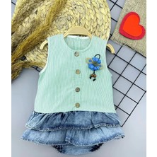 6-9-12-18 Ay Gül Rozet Detaylı Kot Kilotlu Etek Kız Bebek Elbisesi Yeşil