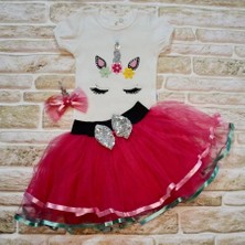 9-12-18 Ay Payetli Pony Nakışlı Tokalı Kısa Kollu Tütü Etek 3lü Kız Bebek Takımı Fuşya