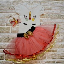 9-12-18 Ay Payetli Pony Nakışlı Tokalı Kısa Kollu Tütü Etek 3lü Kız Bebek Takımı Nar Çiçeği