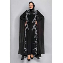 Kolları Pelerinli Taş Detaylı Abiye Elbise 3958 Siyah