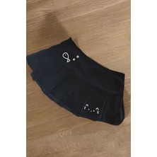 Siyah Pileli Fish And Cat Baskılı Micro Şort Etek
